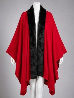 NEW Harvé Benard One Size Red Wool Cape Black Faux Fur Trim Dramatic Wrap Xmas